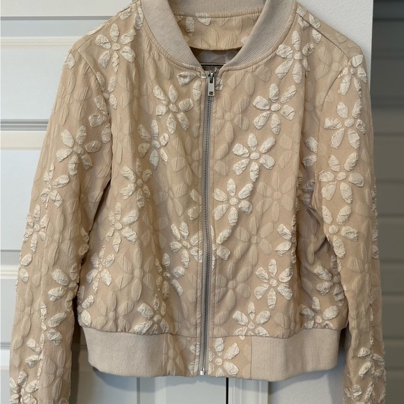 SHEIN Jackets & Blazers - SHEIN Beige Floral Textured Bomber Jacket